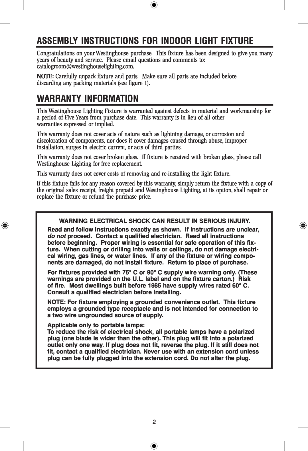 Westinghouse 101304 owner manual Assembly Instructions For Indoor Light Fixture, Warranty Information 